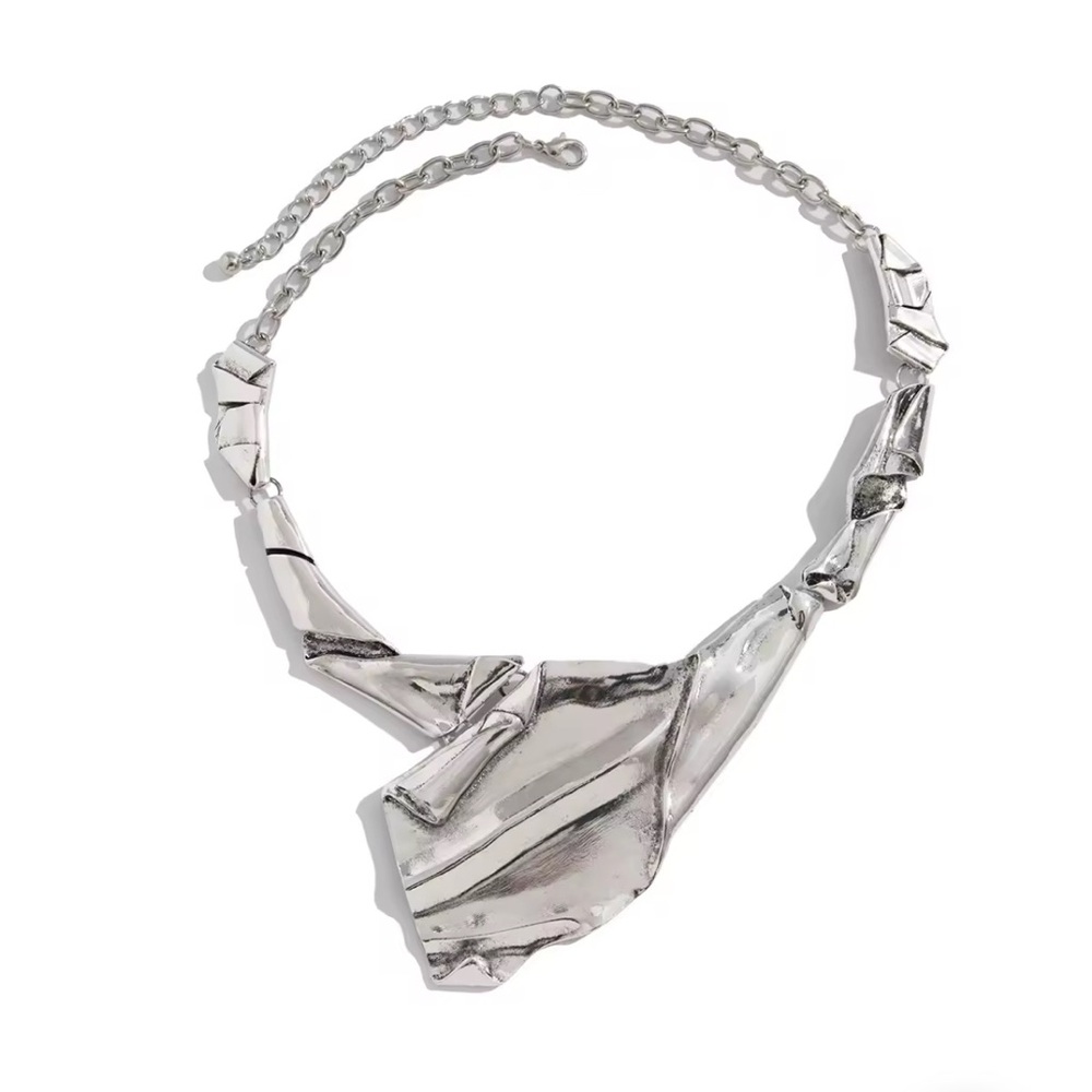 NEW Brut Molten Crumpled Metal Collar Necklace Panel Statement Silver AU02